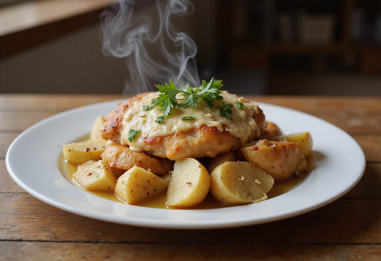 Delicious Garlic Parmesan Chicken and Potatoes served on a rustic table, highlighting the savory flavors and perfect presentation of this must-try recipe.