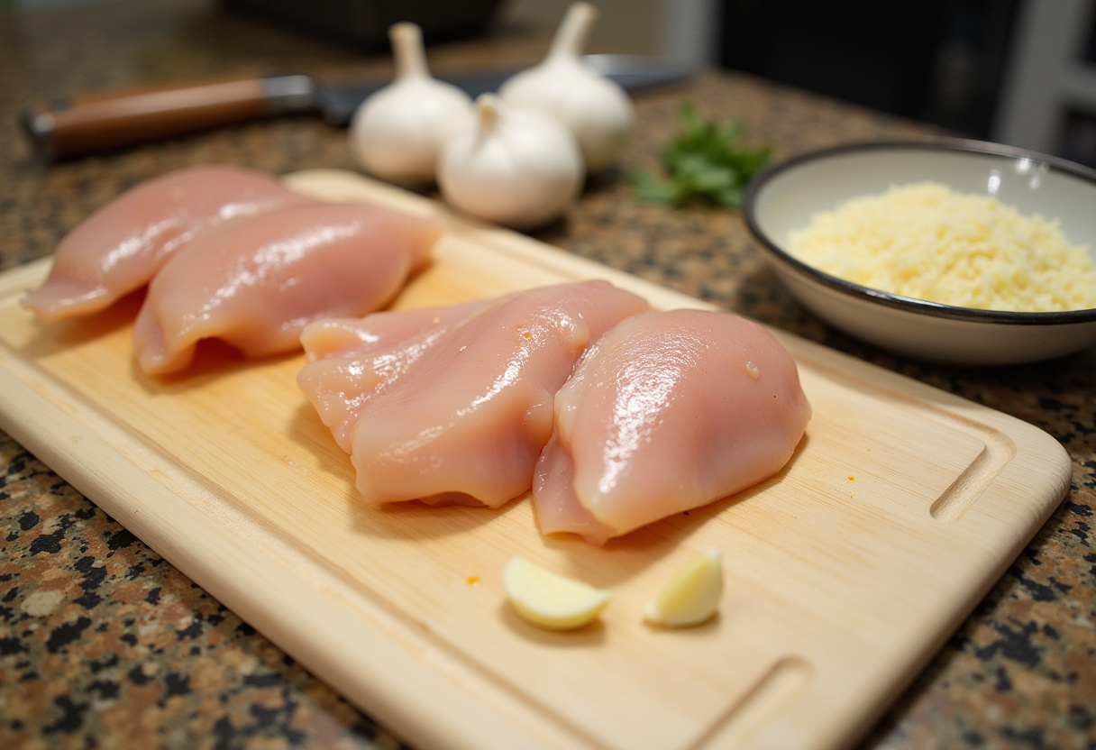Garlic Parmesan Chicken preparation with fresh chicken breasts, minced garlic, and grated cheese, showcasing key ingredients for a delicious meal.