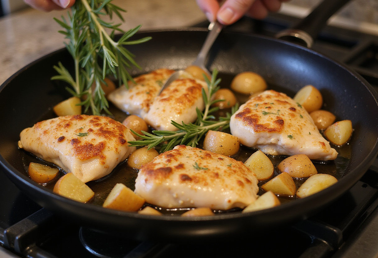Sizzling Garlic Parmesan Chicken fillets in a frying pan, capturing the cooking process with rosemary and diced potatoes for a savory dish.