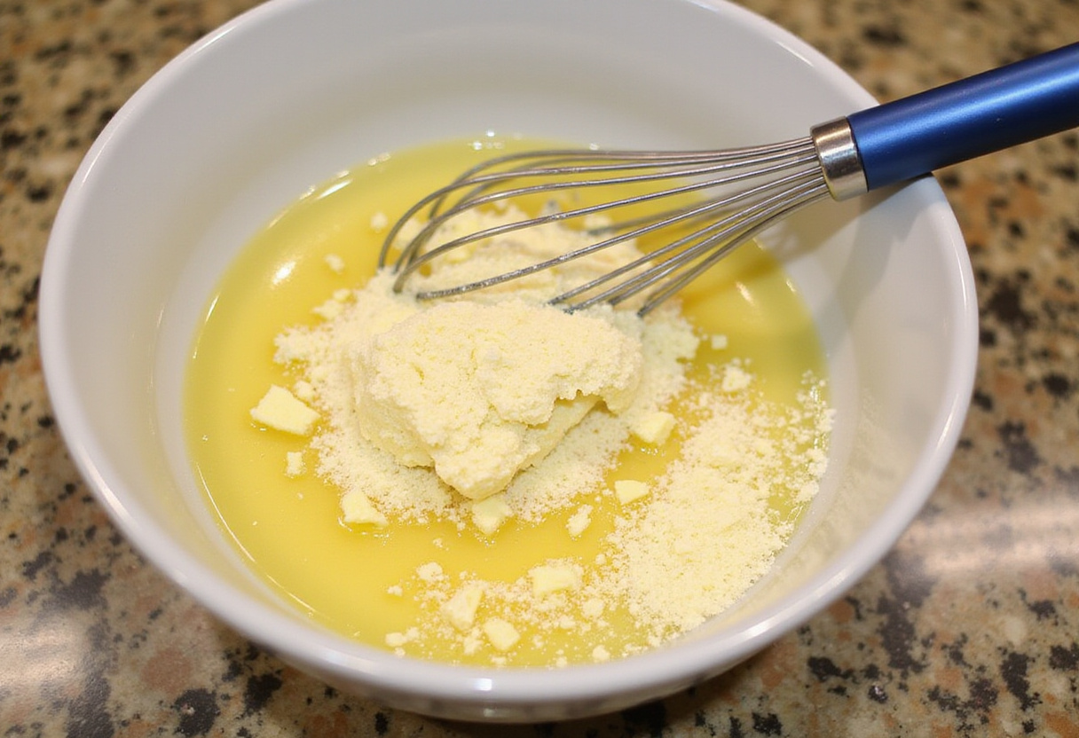 Whisking together melted butter, minced garlic, and Parmesan cheese in a bowl, creating a rich and flavorful sauce for Garlic Parmesan Chicken.
