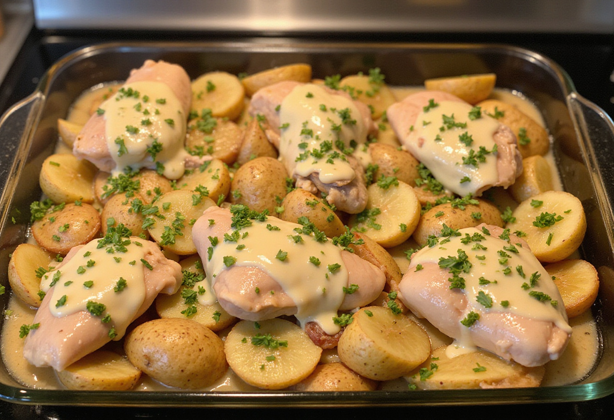 Preparing a baking dish with Garlic Parmesan Chicken and seasoned potatoes, ready for roasting, featuring a flavorful sauce and fresh herbs.