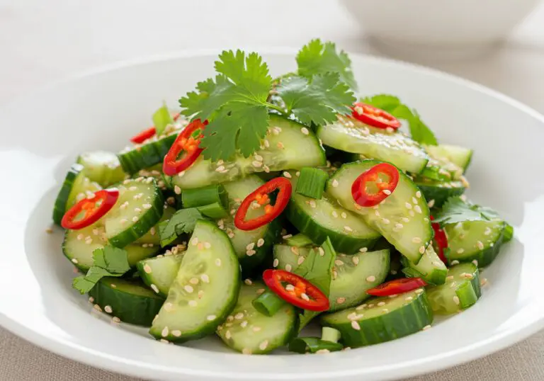 Fertiger Asiatischer Gurkensalat mit Chili & Sesam, kunstvoll angerichtet auf einem weißen Teller, mit frischen Kräutern und Chili für eine appetitliche Präsentation.