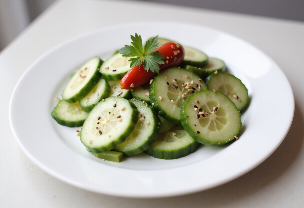 Fertiger Asiatischer Gurkensalat mit Chili & Sesam, kunstvoll angerichtet auf einem weißen Teller, mit frischen Kräutern und Chili für eine appetitliche Präsentation.