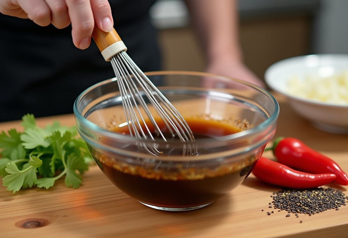 Zubereitung des Dressings für den Asiatischen Gurkensalat mit Chili & Sesam, Zutaten wie Sojasauce, Reisessig und Sesamöl werden in einer Schüssel vermischt.