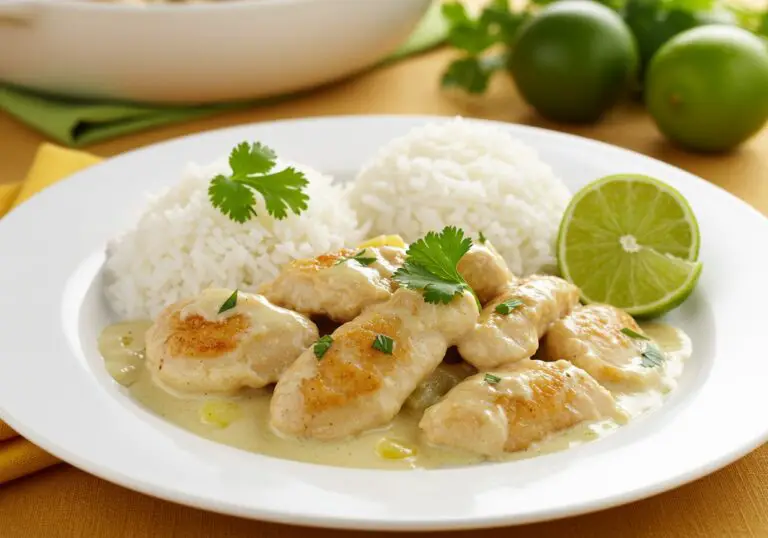 Plated Authentic Brazilian Coconut Chicken with rice, garnished with cilantro and lime, ready to enjoy a delicious Brazilian meal.