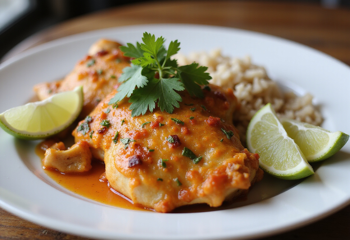 Plated Authentic Brazilian Coconut Chicken with rice, garnished with cilantro and lime, ready to enjoy a delicious Brazilian meal.