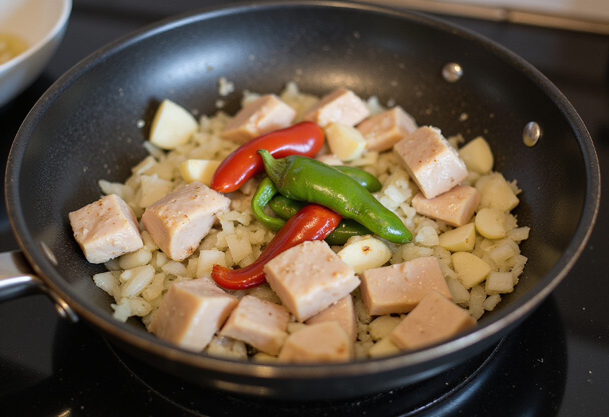 Searing diced chicken for Authentic Brazilian Coconut Chicken with onions, garlic, and chili peppers for a spicy kick.