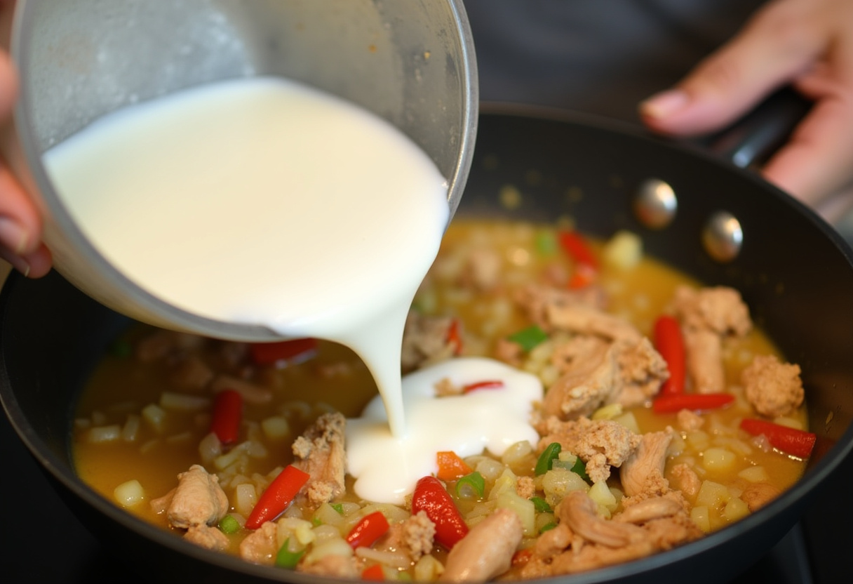 Pouring coconut milk into the pan for Authentic Brazilian Coconut Chicken to create a rich and creamy sauce.