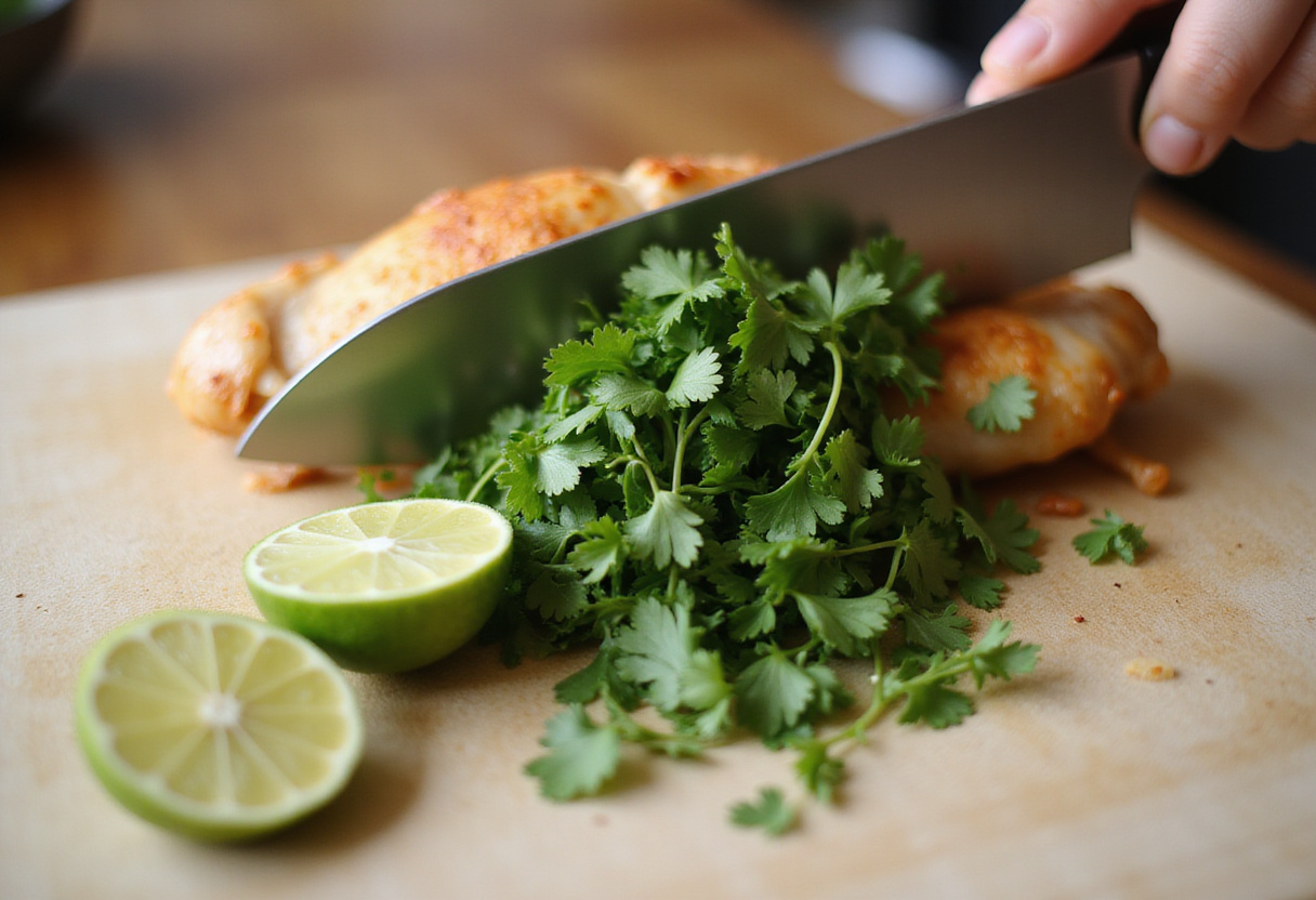 Chopping fresh cilantro and lime to enhance the flavor of Authentic Brazilian Coconut Chicken with a spicy kick.