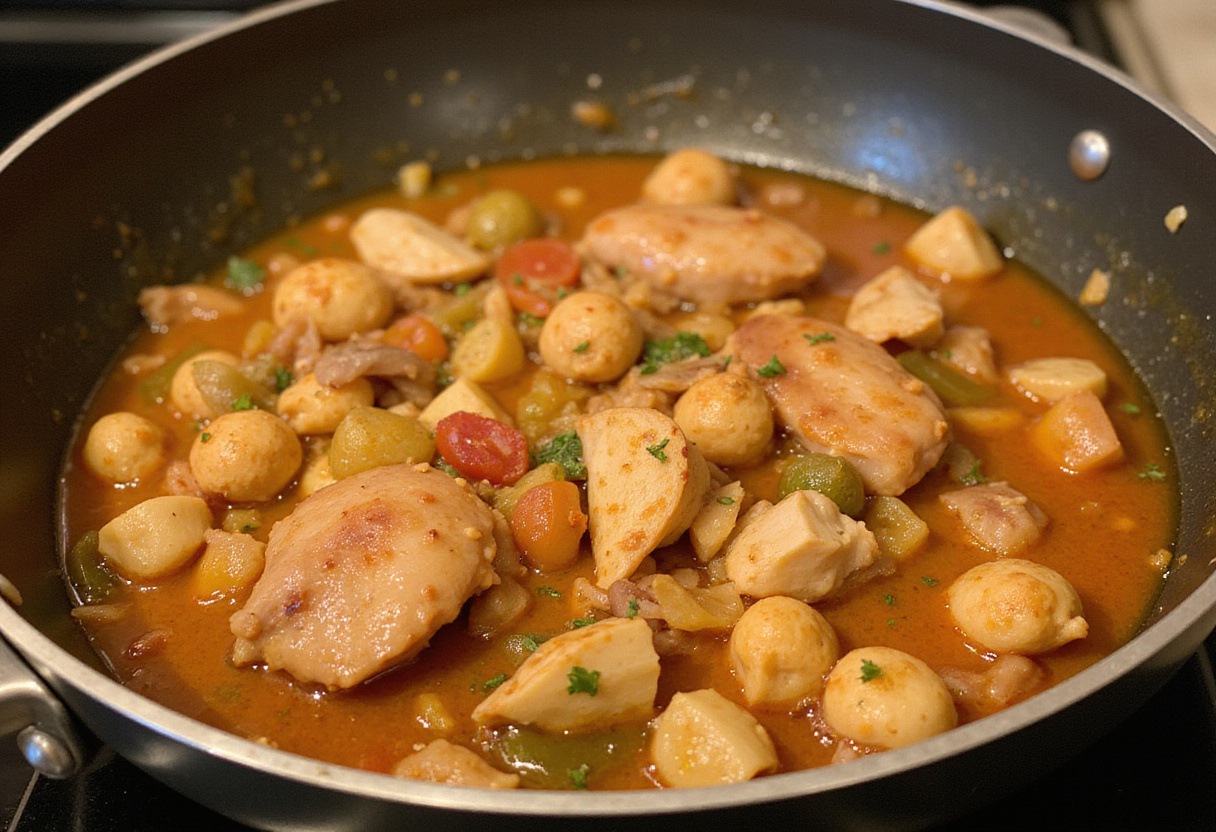 Simmering Authentic Brazilian Coconut Chicken in a rich coconut milk sauce with vibrant colors and aromas.