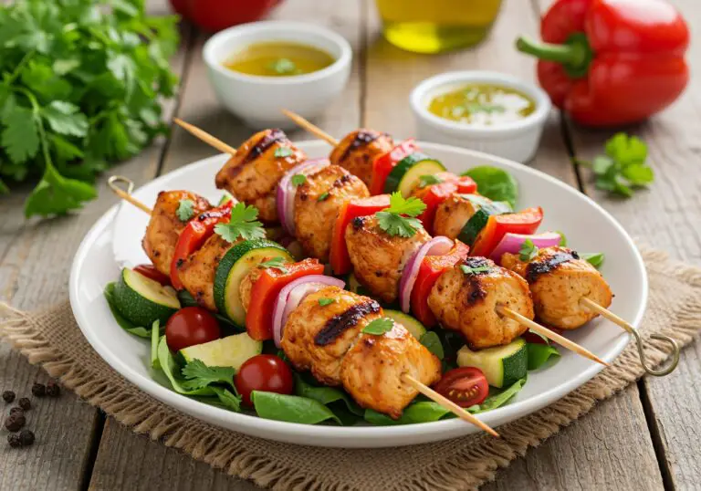 Delicious final presentation of BBQ chicken skewer salad, showcasing juicy grilled chicken and colorful vegetables, perfect for sharing.
