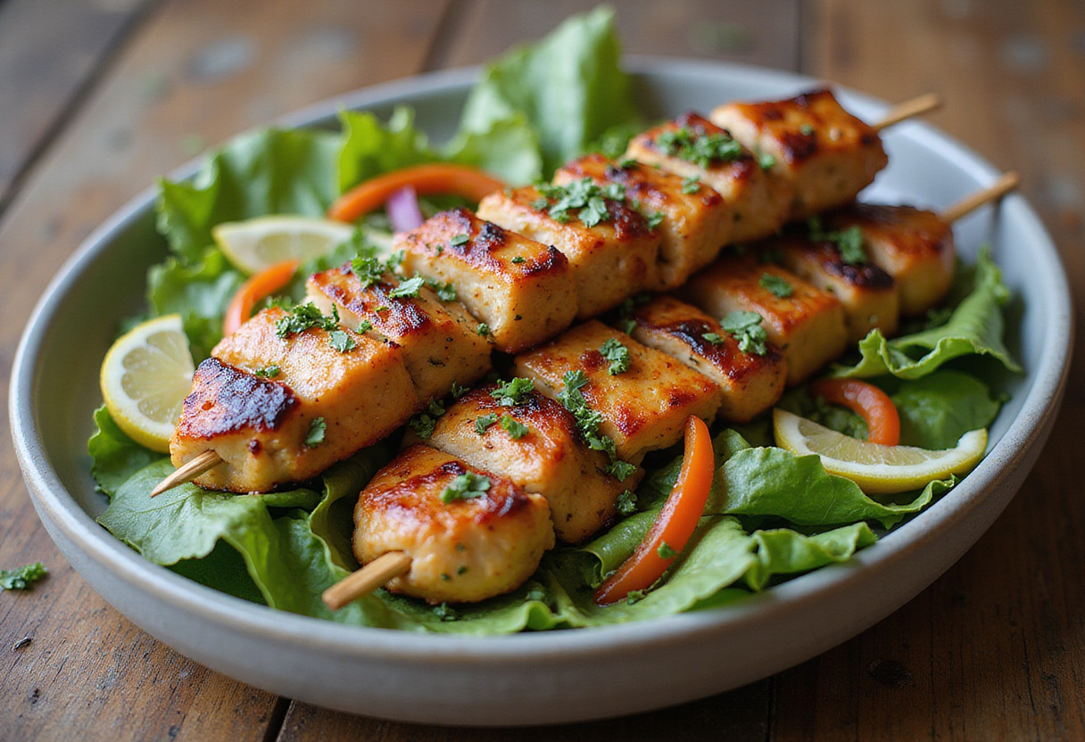 Delicious final presentation of BBQ chicken skewer salad, showcasing juicy grilled chicken and colorful vegetables, perfect for sharing.