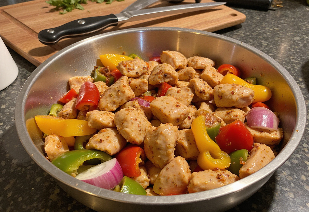 BBQ chicken skewer salad preparation with marinated chicken and colorful vegetables, healthy meal prep.