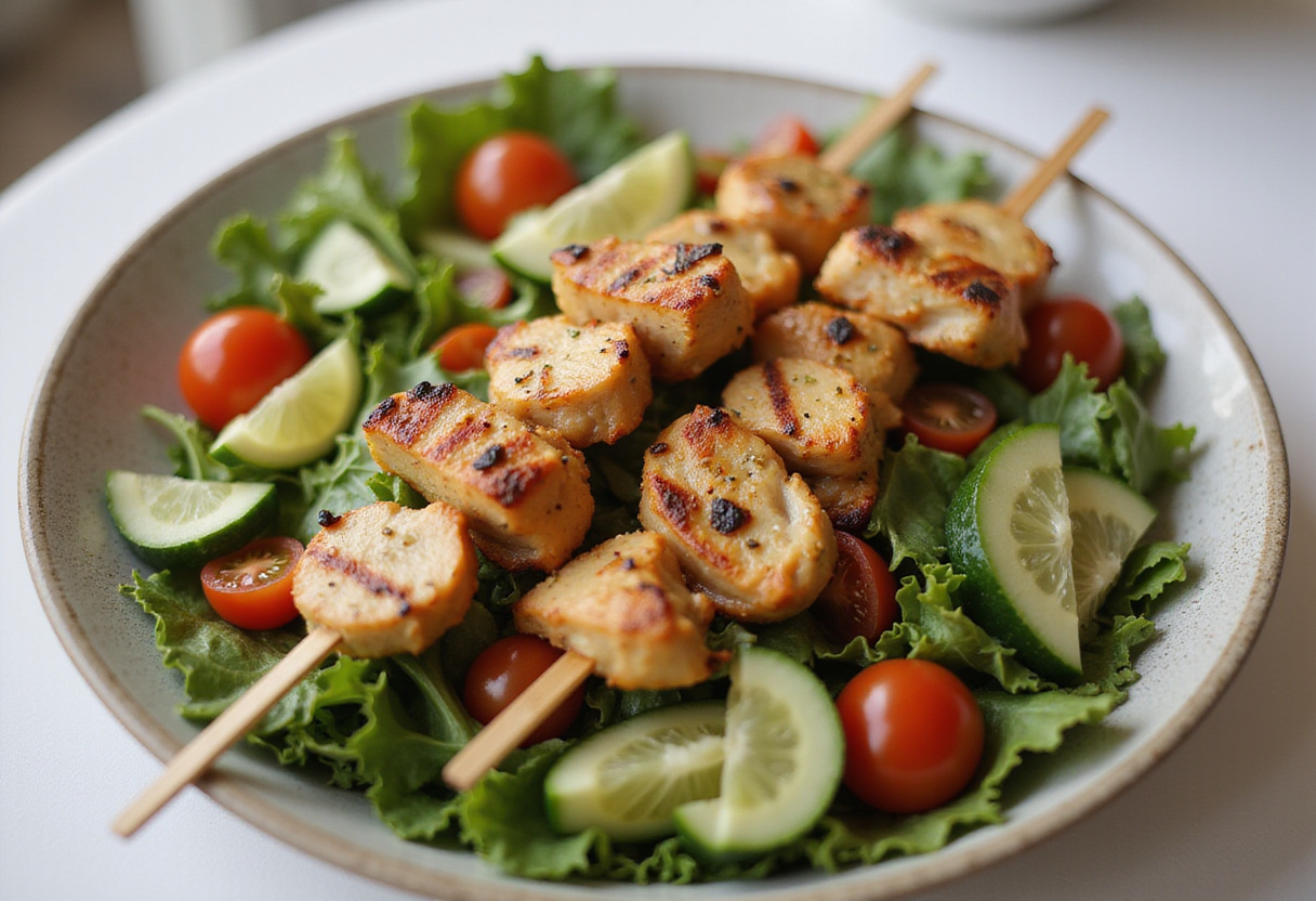 Delicious BBQ chicken skewer salad with fresh greens and vegetables, perfect for a nutritious lunch or dinner.