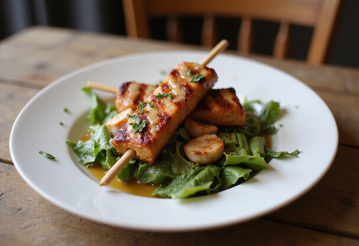 Final presentation of BBQ chicken skewer salad on a rustic table, healthy and visually appealing meal.