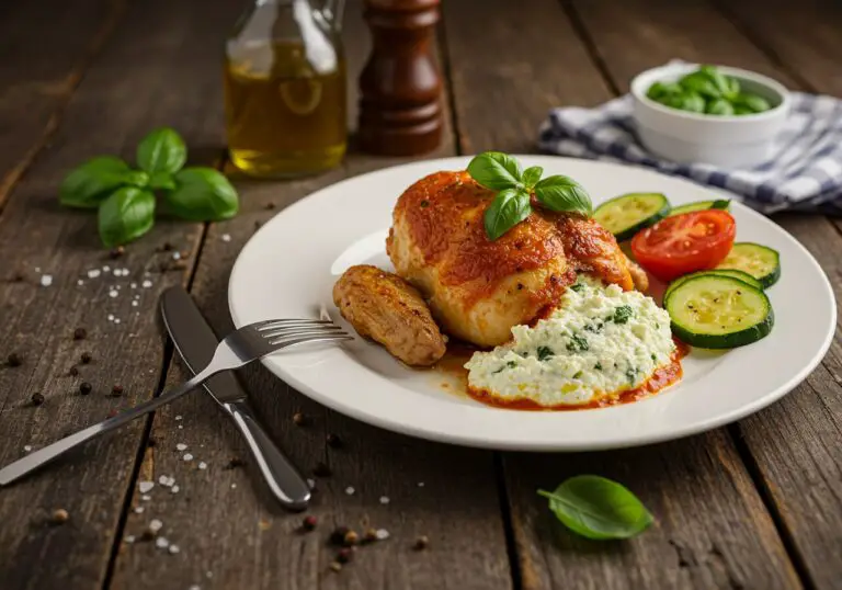 Delicious baked ricotta chicken served on a plate, presenting a gourmet meal perfect for dinner occasions.