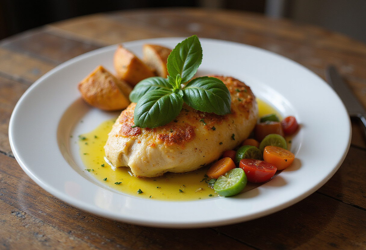 Delicious baked ricotta chicken served on a plate, presenting a gourmet meal perfect for dinner occasions.