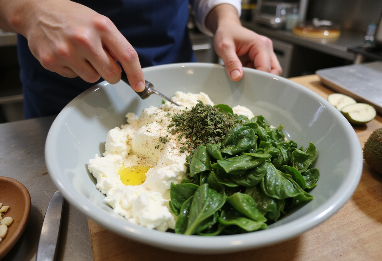 Mixing fresh ricotta cheese and spinach for a baked ricotta chicken recipe in a bright kitchen.
