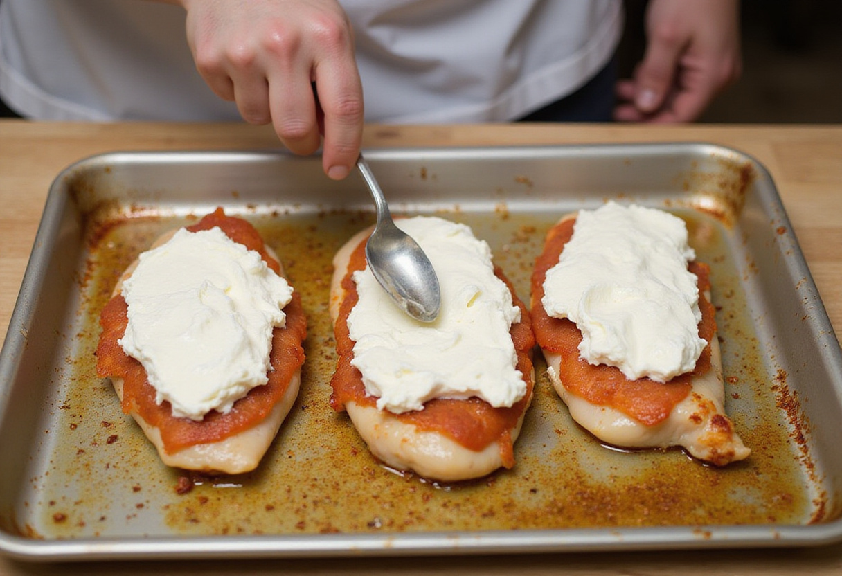Spreading ricotta mixture on seasoned chicken breasts in a baking dish, ready for the oven in a cozy kitchen atmosphere.