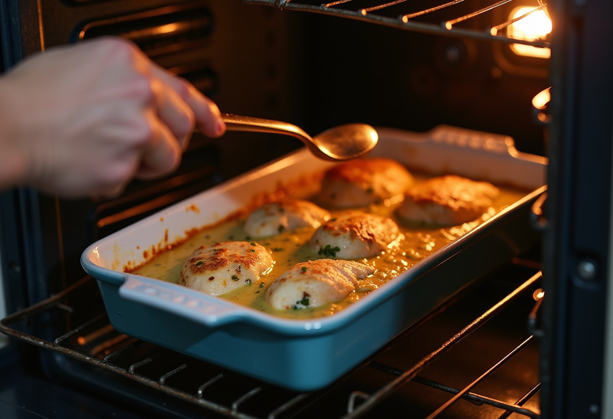 Placing a baking dish of ricotta chicken into the oven, capturing the cooking process in a modern kitchen.