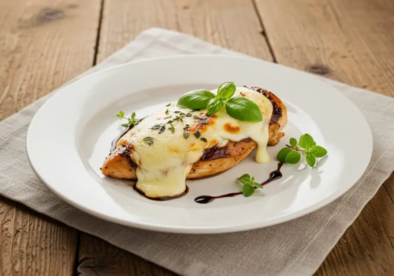 Delicious balsamic baked chicken breast with mozzarella cheese served on a rustic dining table, garnished with fresh herbs.