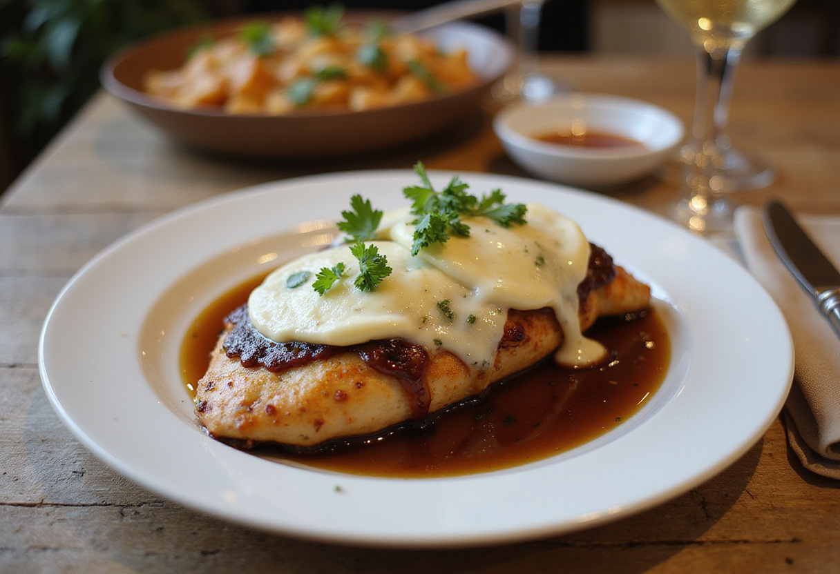 Delicious balsamic baked chicken breast with mozzarella cheese served on a rustic dining table, garnished with fresh herbs.