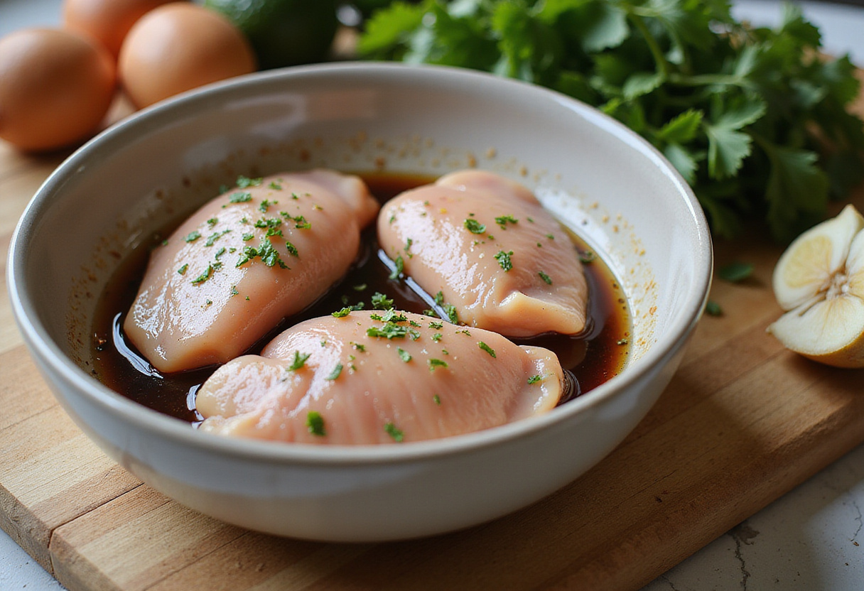 Balsamic marinade preparation for chicken breast featuring balsamic vinegar, garlic, and herbs.