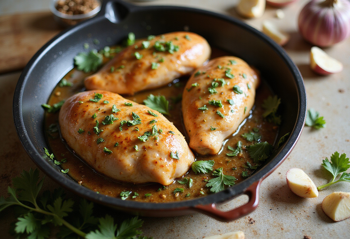 Chicken breasts ready for baking in balsamic marinade with garlic and fresh herbs in a baking dish.