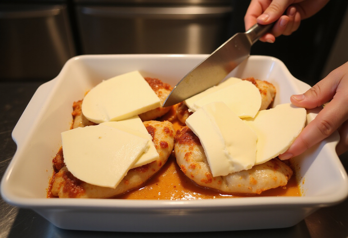 Layering fresh mozzarella cheese on balsamic marinated chicken breasts in preparation for baking.