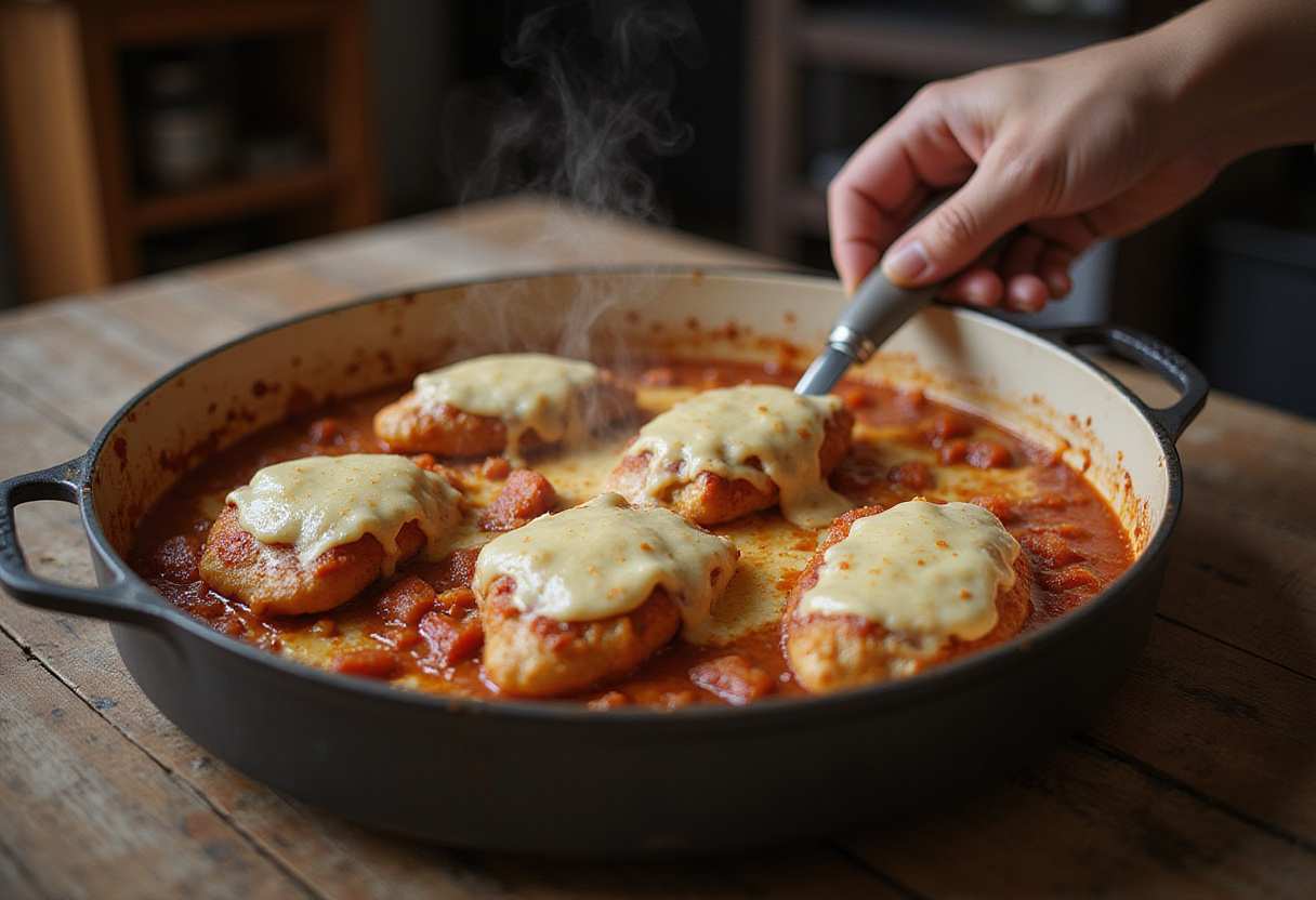 Freshly baked balsamic chicken breast with melted mozzarella cheese being removed from the oven.