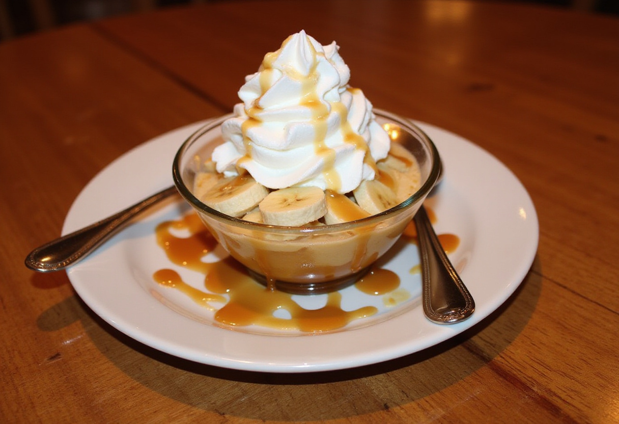 Delicious Banana's Foster Banana Pudding served elegantly, highlighting the creamy texture and caramelized flavors, perfect for dessert enthusiasts.