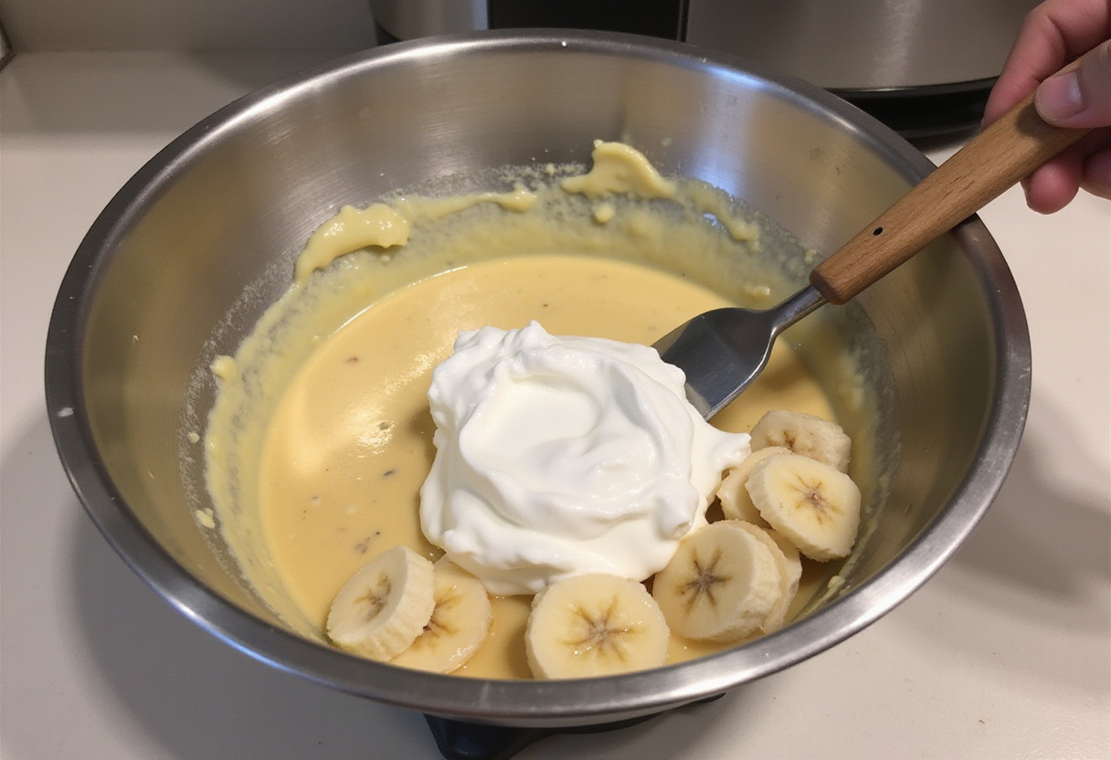 Creating a layered Banana's Foster Banana Pudding with vanilla wafers and banana pudding in a clear glass dish.