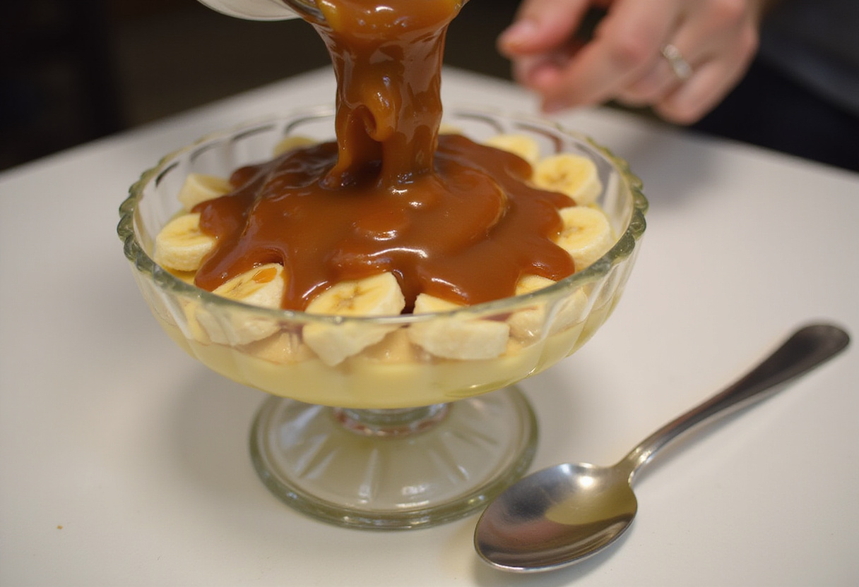 Finishing touches on the Banana's Foster Banana Pudding with layers of banana slices and caramel sauce for a delightful dessert.