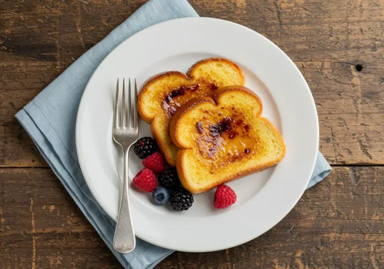 Delicious final presentation of Best Crème Brûlée French Toast, showcasing caramelized sugar and fresh berries, perfect for brunch.