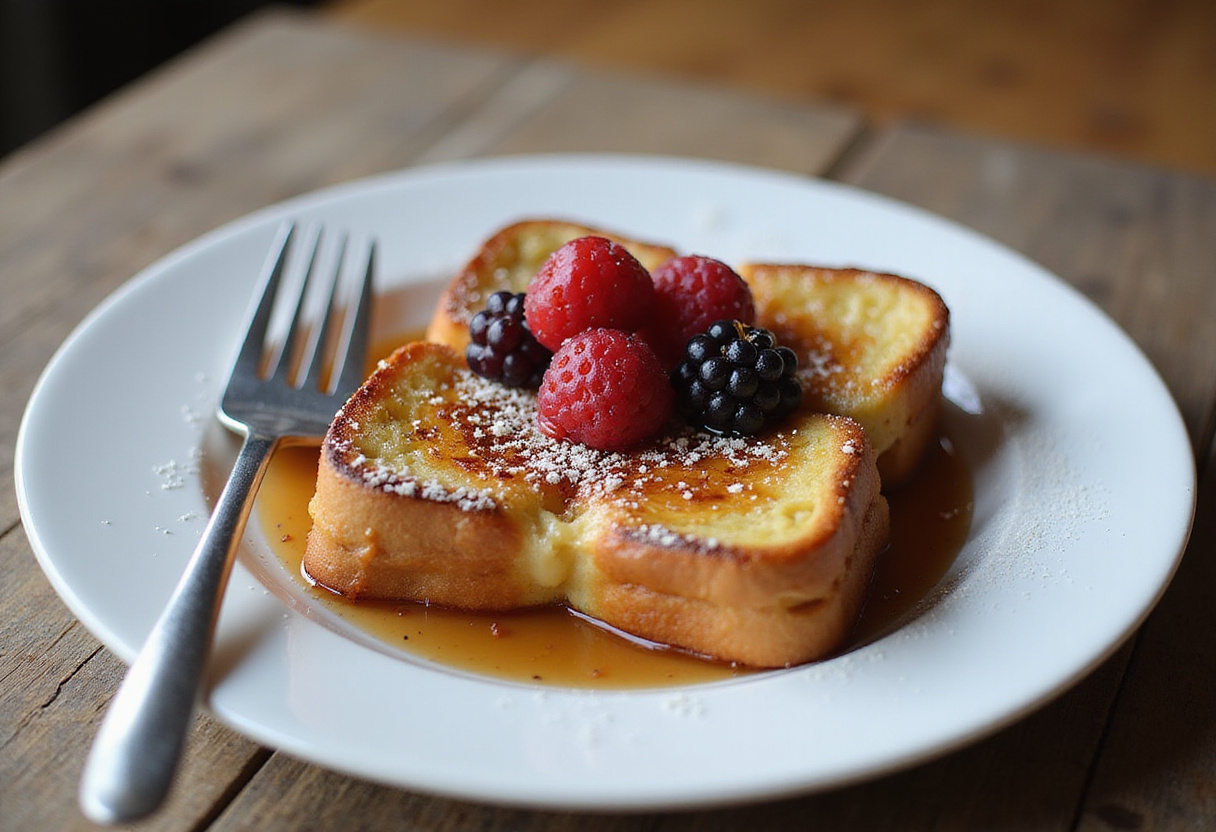 Delicious final presentation of Best Crème Brûlée French Toast, showcasing caramelized sugar and fresh berries, perfect for brunch.