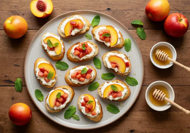 Delicious peach bruschetta with whipped ricotta served on a rustic table, perfect for summer gatherings, featuring vibrant colors and fresh ingredients.
