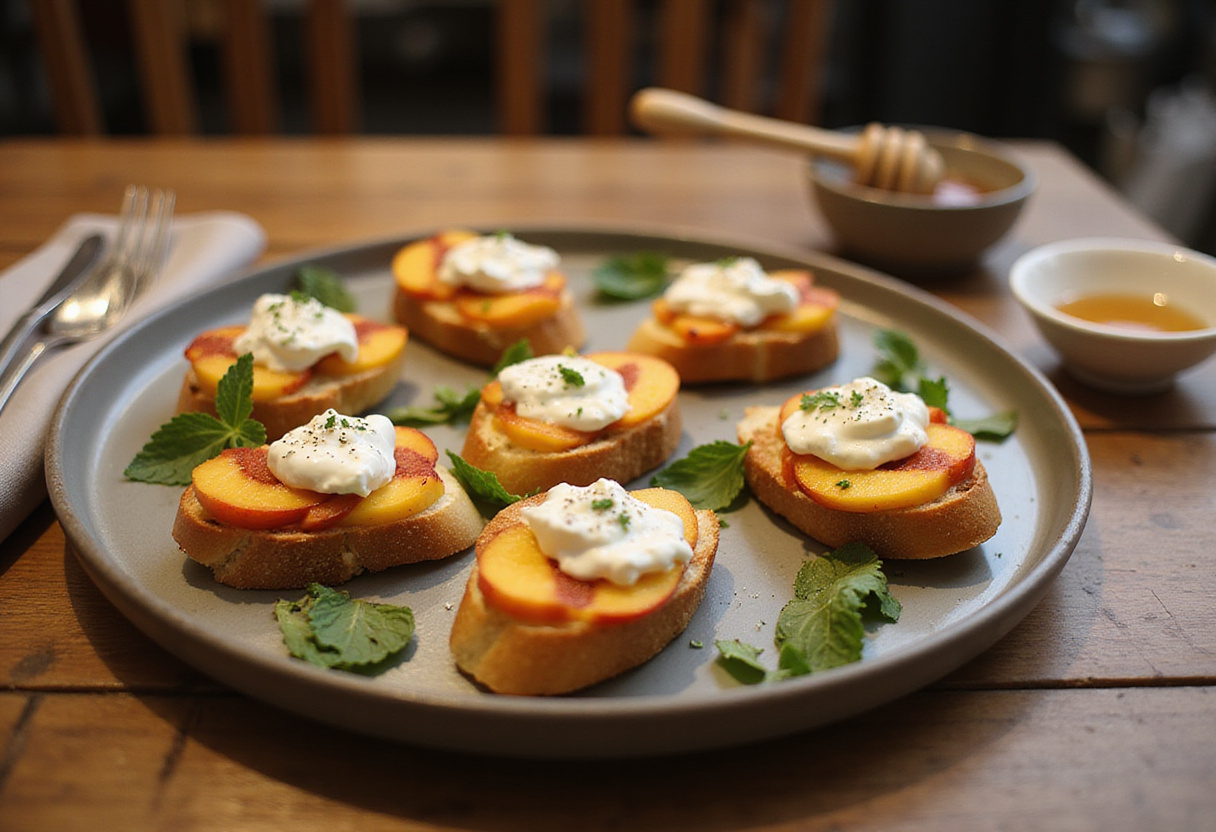 Delicious peach bruschetta with whipped ricotta served on a rustic table, perfect for summer gatherings, featuring vibrant colors and fresh ingredients.