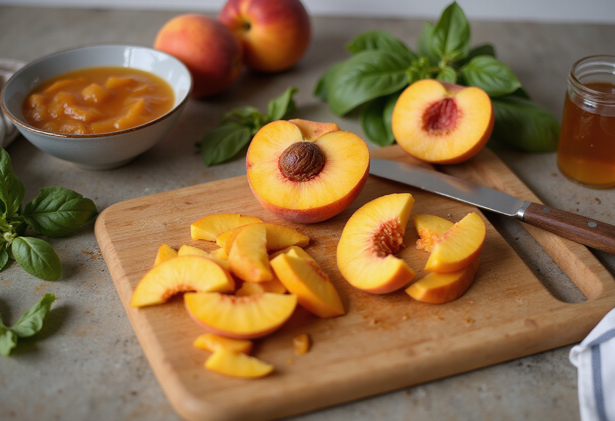 Slicing ripe peaches for the best peach bruschetta, showcasing fresh ingredients and a vibrant kitchen setting.