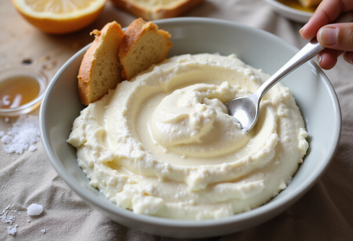 Preparing whipped ricotta cheese for peach bruschetta, highlighting the creamy texture and fresh ingredients in a cozy kitchen environment.