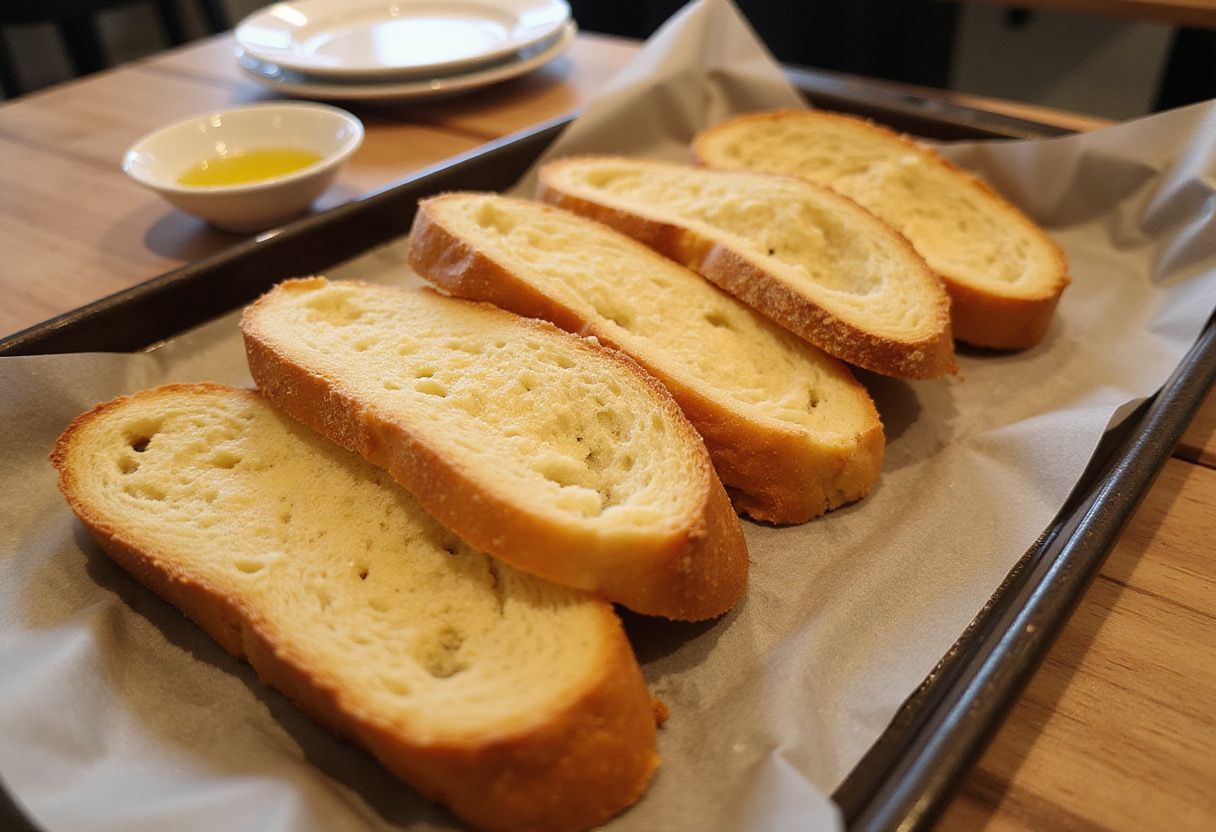 Toasting slices of baguette for peach bruschetta, capturing the perfect golden-brown color and inviting aroma of fresh bread.