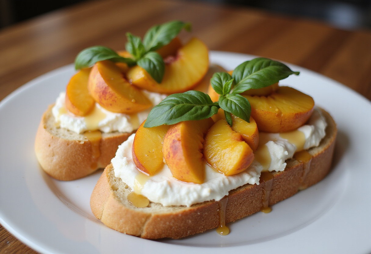 Assembling peach bruschetta with whipped ricotta, showcasing the colorful toppings and fresh basil in a bright kitchen ambiance.