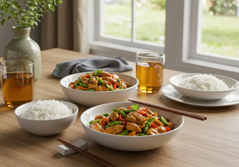 Final presentation of honey garlic chicken stir-fry, capturing the delicious look in a stylish setting, showcasing vibrant colors and textures.