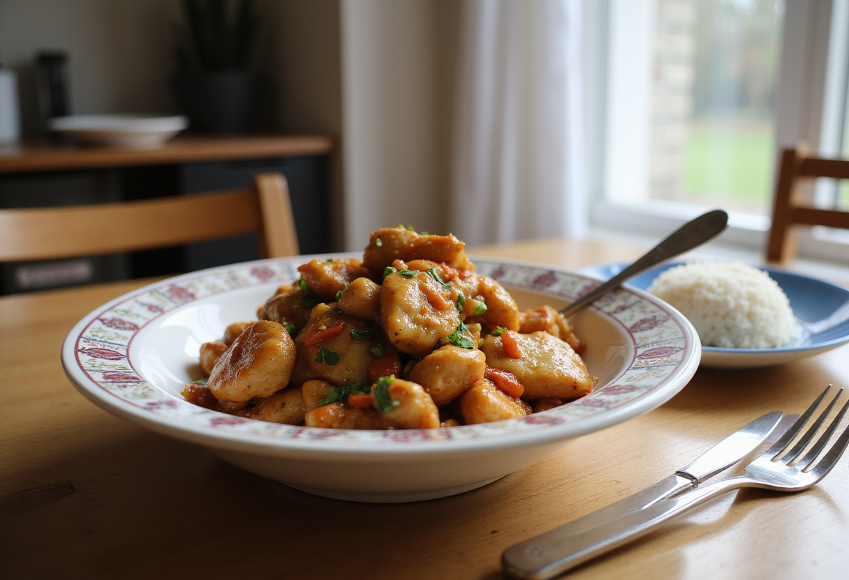 Final presentation of honey garlic chicken stir-fry, capturing the delicious look in a stylish setting, showcasing vibrant colors and textures.