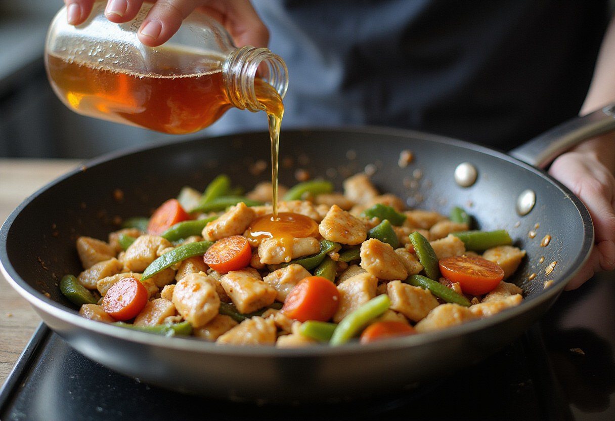 Preparing honey garlic chicken stir-fry in a large wok, showcasing the vibrant mix of chicken and vegetables being tossed for a delicious meal.