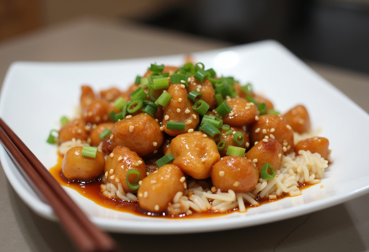 Served honey garlic chicken stir-fry plated with garnishes, featuring sesame seeds and green onions with rice, representing the perfect takeout alternative.