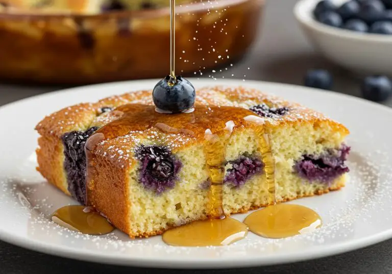 Deliciously served Blueberry Buttermilk Pancake Casserole with syrup and fresh blueberries, perfect for brunch.