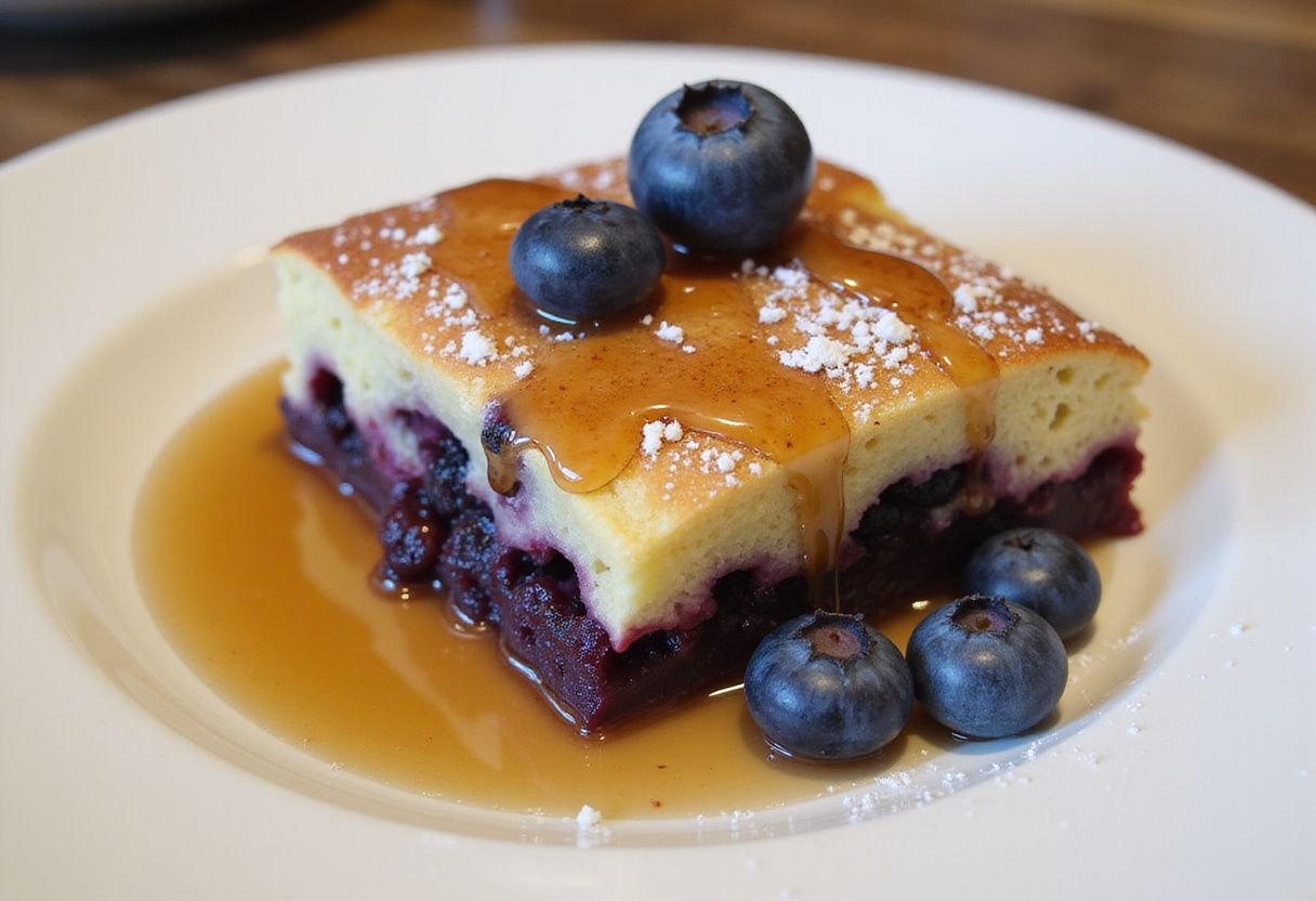 Deliciously served Blueberry Buttermilk Pancake Casserole with syrup and fresh blueberries, perfect for brunch.