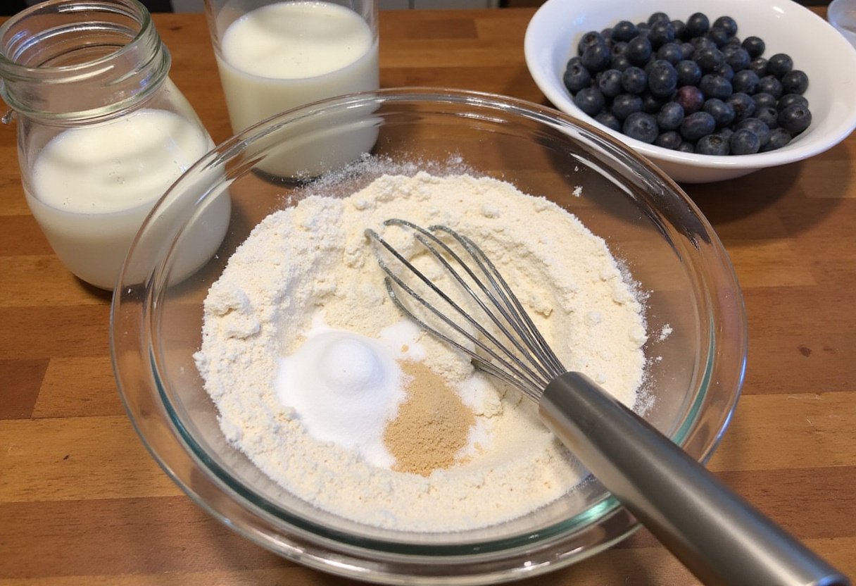 Blueberry Buttermilk Pancake Casserole ingredients: flour, sugar, baking powder, salt, fresh blueberries, buttermilk on a countertop.
