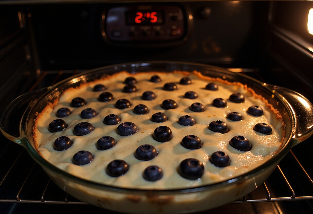 Preparing to bake Blueberry Buttermilk Pancake Casserole in a preheated oven with layers of batter and blueberries.