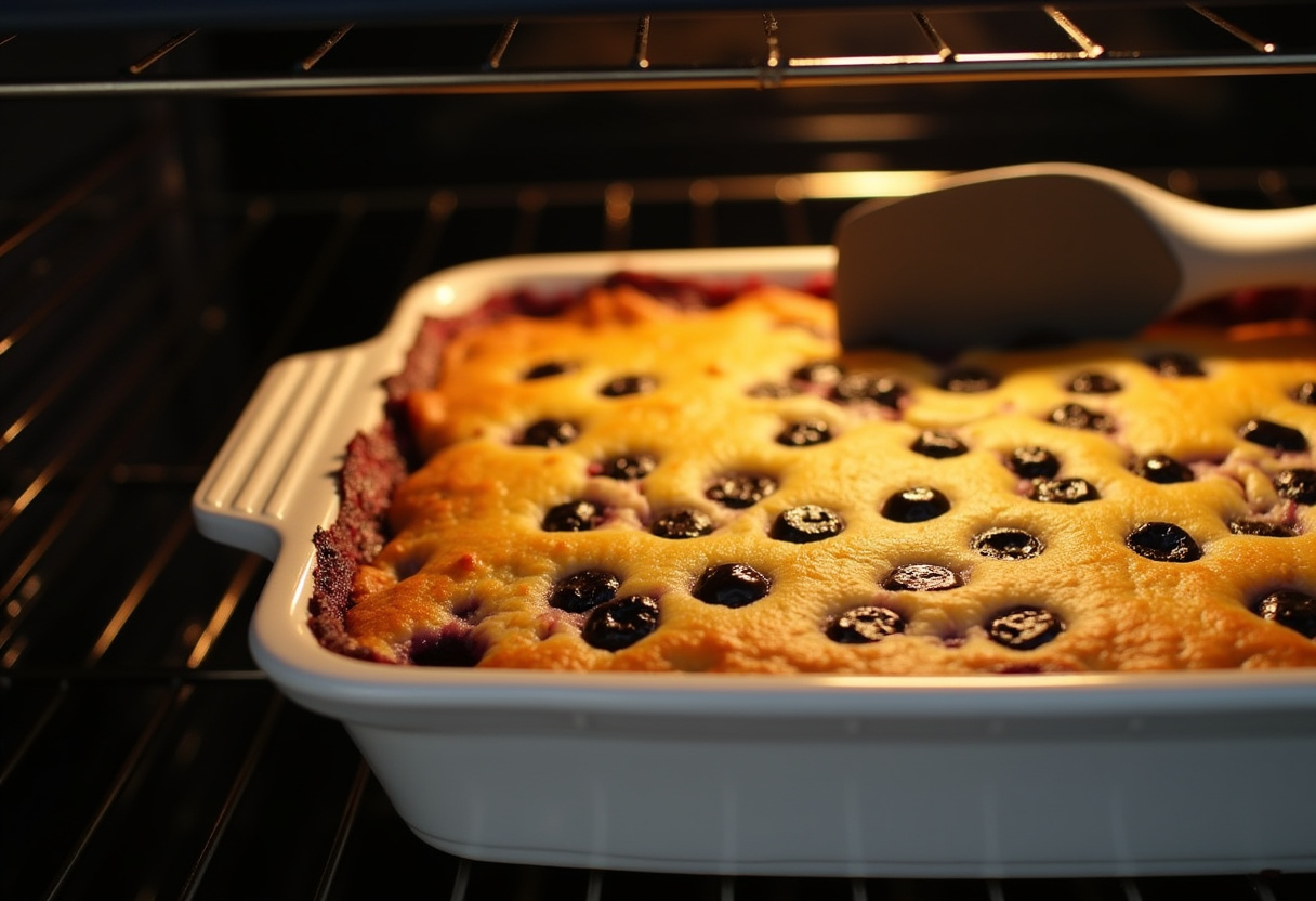 Freshly baked Blueberry Buttermilk Pancake Casserole cooling on the counter.